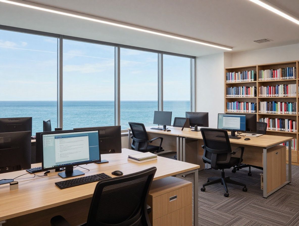 Светлый современный офис Torvix на Wacker Drive в Чикаго с панорамными окнами, видом на озеро Мичиган, столами с несколькими мониторами и книжными полками с техническими изданиями