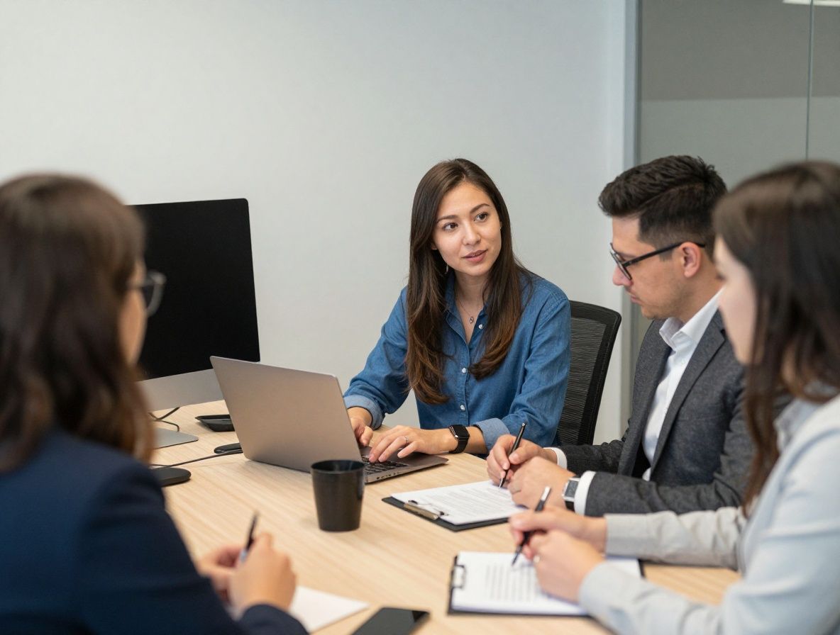 Команда из четырех аналитиков данных в современном офисе в Чикаго рассматривает модели прогнозирования на нескольких мониторах с графиками машинного обучения