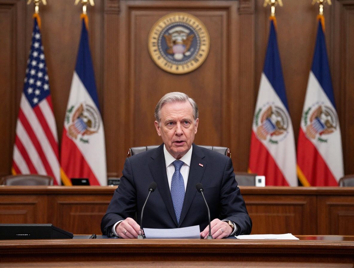 Зал заседаний Конгресса США с государственными флагами и трибуной докладчика, символизирующий законодательный процесс регулирования новых технологий