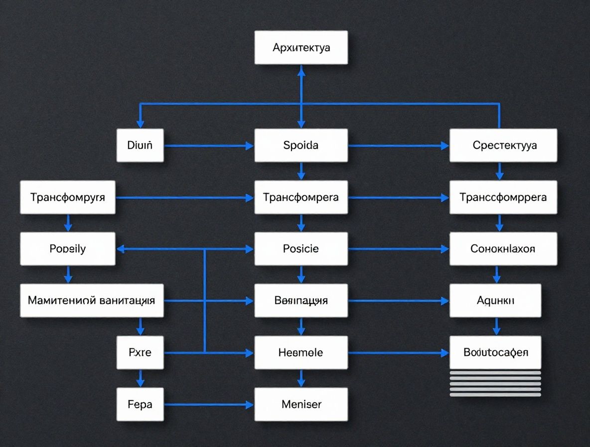 Схема архитектуры трансформера с механизмом внимания, изображенная в виде интерактивного графа на темном фоне с синими соединительными линиями
