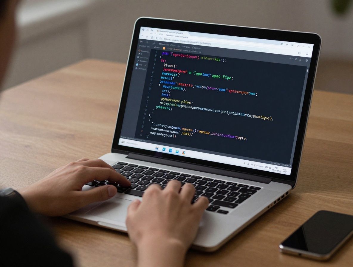 Ноутбук с открытым Jupyter Notebook на темном столе, на экране — код Python с визуализацией матрицы ошибок и метрик точности модели машинного обучения