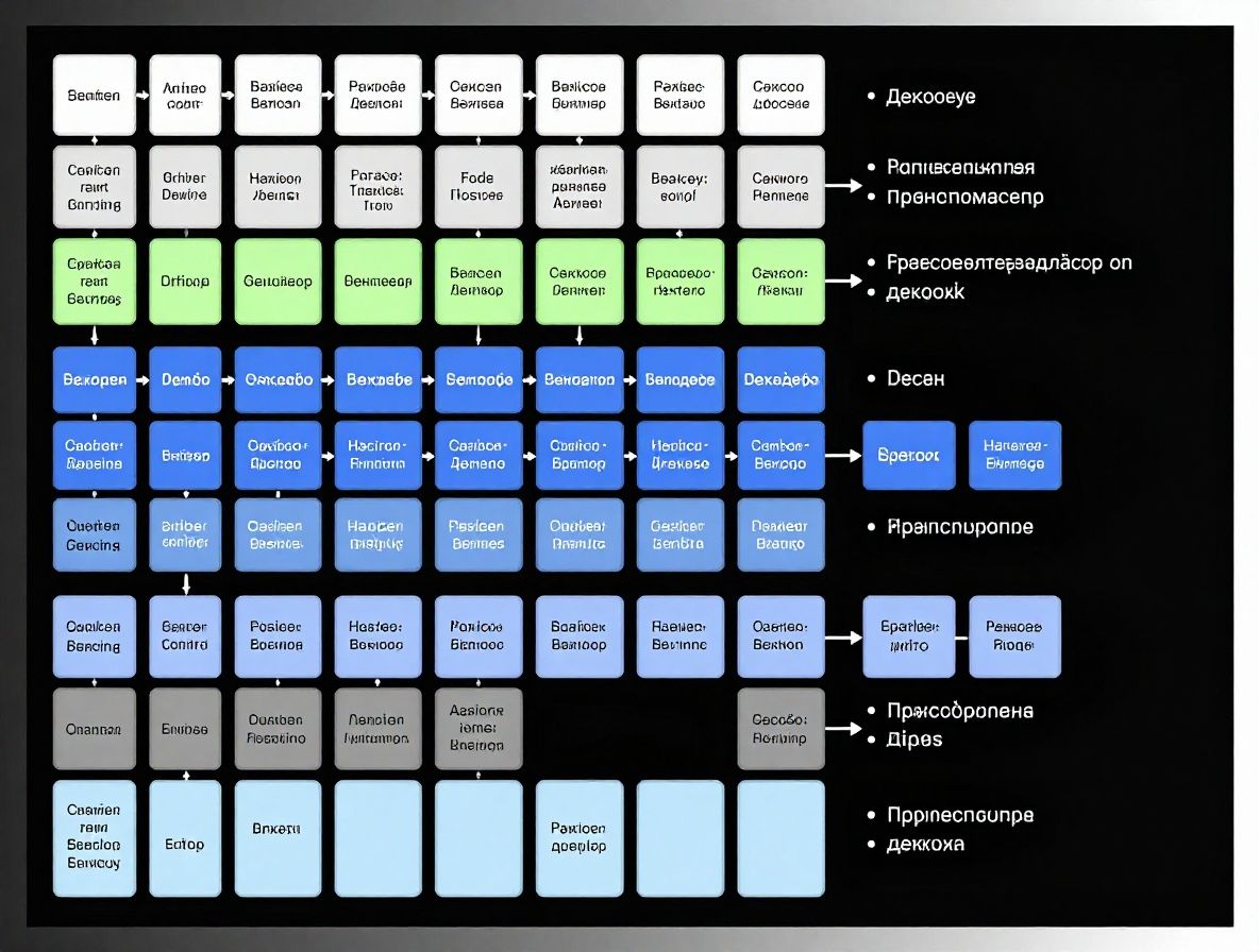 Детальная визуализация архитектуры трансформера с блоками энкодера и декодера, стрелками внимания и векторными представлениями слов на черном фоне с синими акцентами