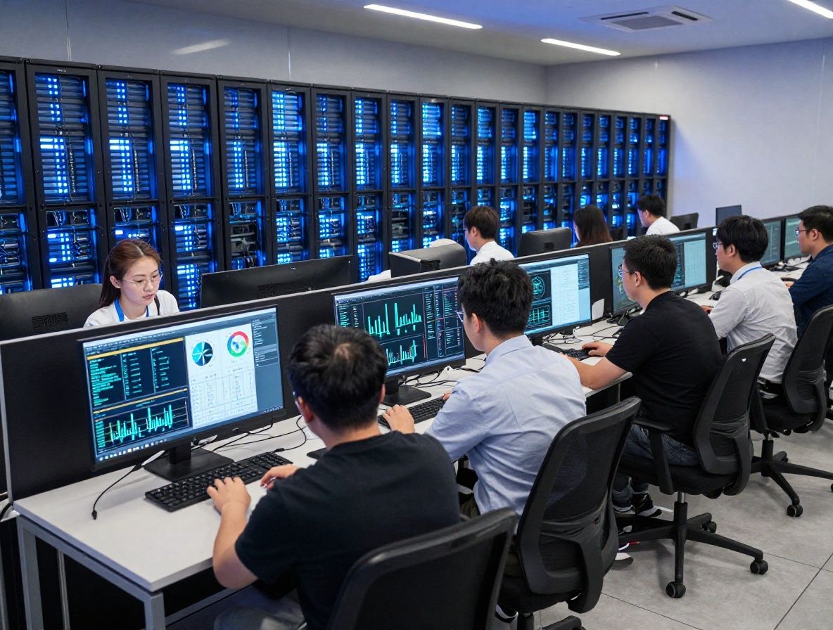 Корпоративный центр обработки данных с серверными стойками и синей подсветкой, где специалисты анализируют показатели ИИ систем на мониторах