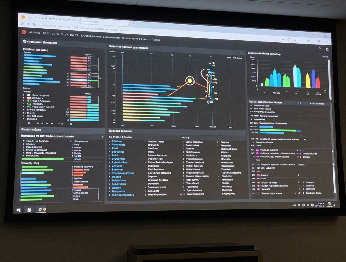 Большой интерактивный дашборд с визуализацией нейронной сети и потоков данных на экране в современном аналитическом центре в Чикаго