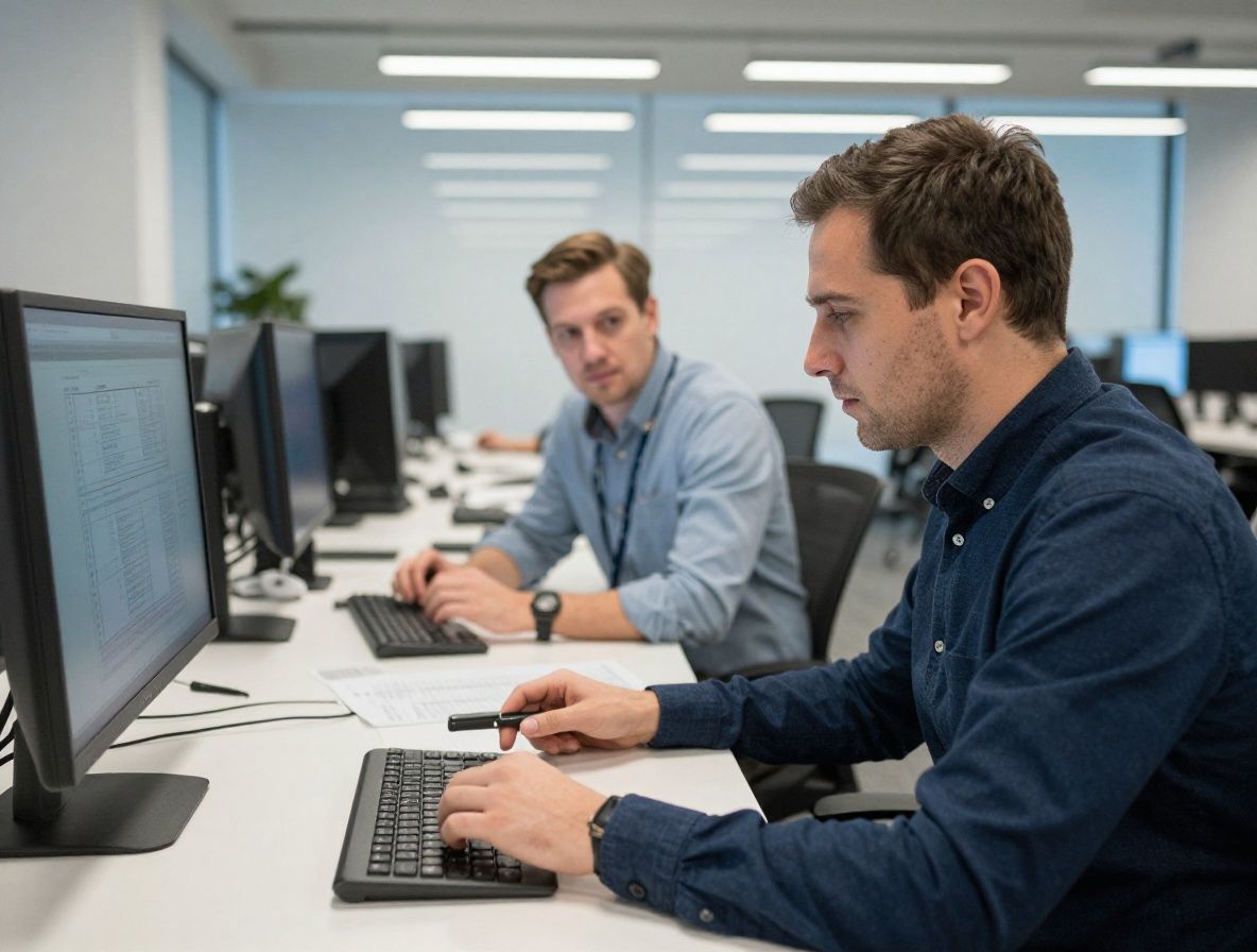 Команда аналитиков Torvix за работой в современном офисе на Wacker Drive в Чикаго, двое специалистов обсуждают данные на планшете